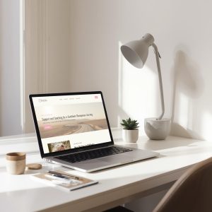 Open laptop on a desk with a drink and a lamp